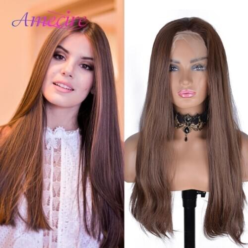 Long Straight Synthetic Lace Wigs For Black Women Heat Resistant 24'' Long Brown Straight Wig Natural Looking