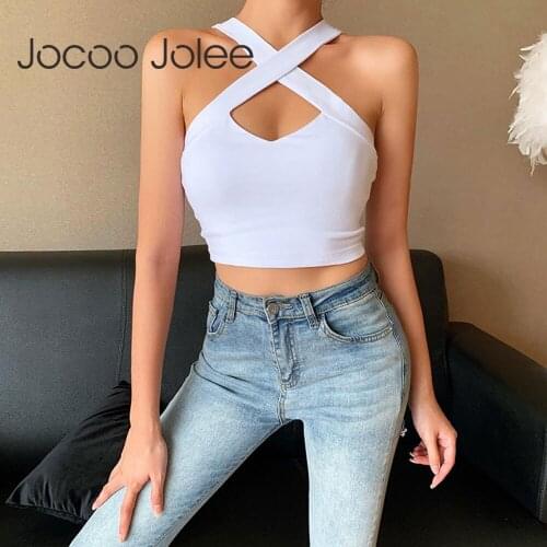Jocoo Jolee Elegant Cross Criss Hole Vest Sexy Simple Solid Skinny Tank Tops Sleeveless Slim Fit Tee Shirt Women Summer Crop Top