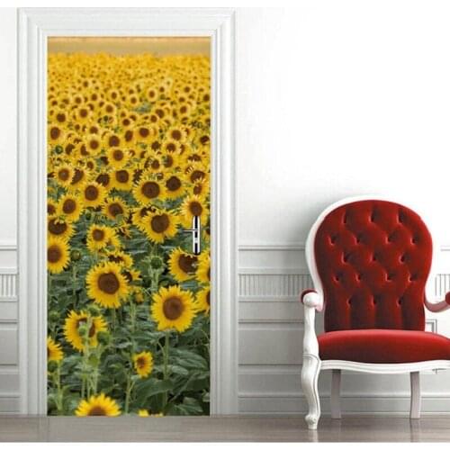 Hot Door Mural Sunflowers Whosales Door Sticker DIY Self-adhesive Waterproof Wallpaper Poste for Home Decoration Gift