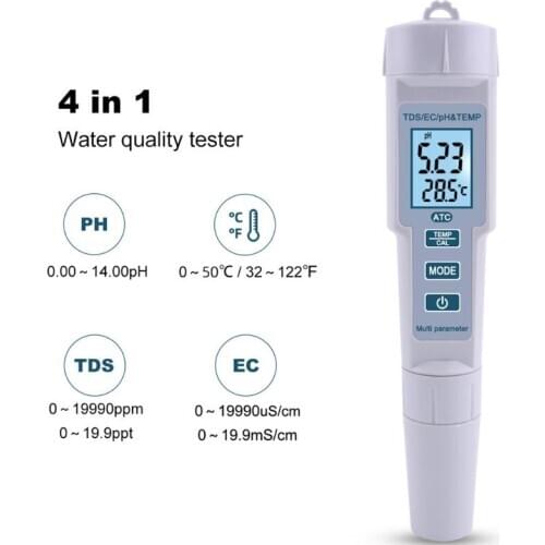 4 in 1 PH/TDS/EC/Temperature Meter PH Meter Digital Water Quality Monitor Tester for Pools Drinking Water Aquarium