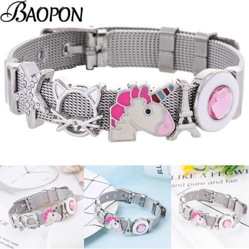 BAOPON Charm Jewelry Silver Color Stainless Steel Mesh Bracelets Set Unicorn Tower Fine Bracelets Bangles for Woman Gift