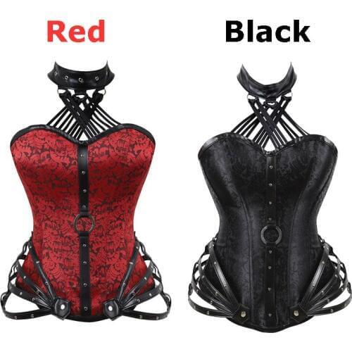 Black & Red Halter Steel Boned Steampunk Corset Gothic Clothing Sexy Faux leather Zipper Corsets And Bustiers Modeling Strap