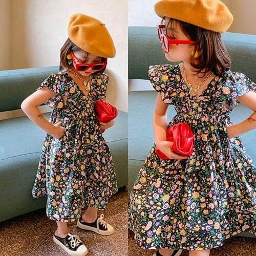 Girls Summer Dress Toddler Girl V-neck Summer Party Vestidos Korean Fashion Children Sleeveless Floral Clothing 3-7Y