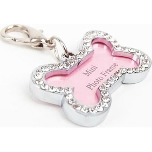 Fashion Silver Bone Dog Collar Crystal Pendant Necklace Decorated DIY Hand Writing Pet Dog Information Board Tag Dog Accessories