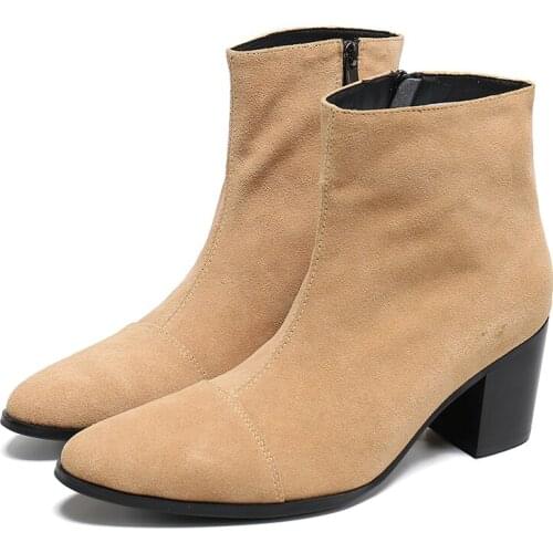 Mens Party Ankle Boots Plus Size Pointed Toe Shoes Male Khaki Suede Leather High Heel Boots Wedding Business Man Short Boots
