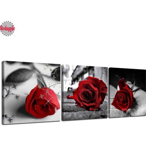 Black White Red Rose 5D DIY Diamond Painting landscape Home Full drill Embroidery Cross Ctitch Kit Wall Sticker 3 pcs Home decor