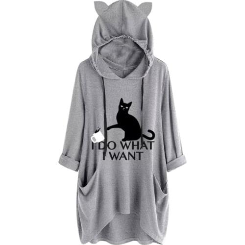 2021 New Loose Large Size Knitted Hooded Hoodie Long Sleeve Hat Irregular Cat Print Dress