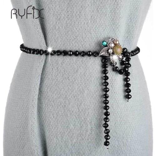 New Design Womens Fashion Elegant Faux Pearl Elastic Belt Beads Rhinestone Charms Waist Belt Strap Dress Accessories BL386
