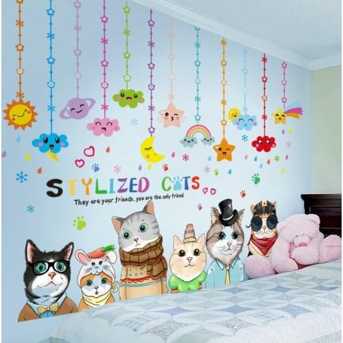 [shijuekongjian] Cats Animals Wall Stickers DIY Cartoon Clouds Stars Wall Decals for Kids Room House Children Nursery Decoration