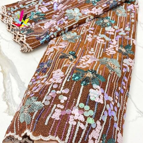 Sequence Velvet Lace Fabric with Sequins 2021 Orange French Velvet French Mesh for Nigerian Wedding Party Dresses 2021