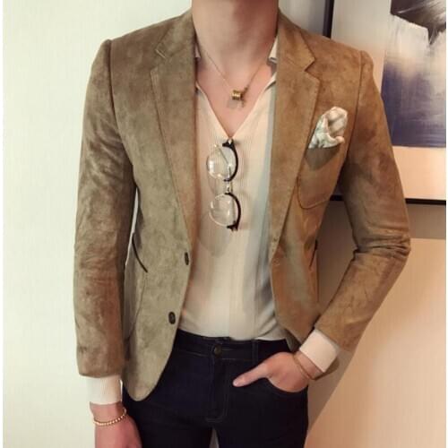 Vintage Solid Color Deerskin Single-Breasted Trendy Blazer Men Korean Business Social Banquet Formal Wear Blazer