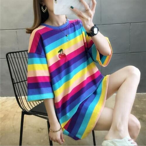 Stripe Color T shirt Women High Quality Short Sleeve Round Neck Tshirts Women Casual Loose Tshirt Femme
