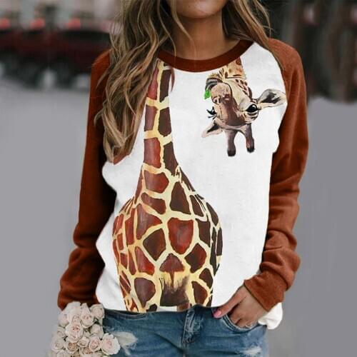 2021 Spring New European and American Womens Hot Sale Giraffe Print Round Neck T-Shirt Fashion