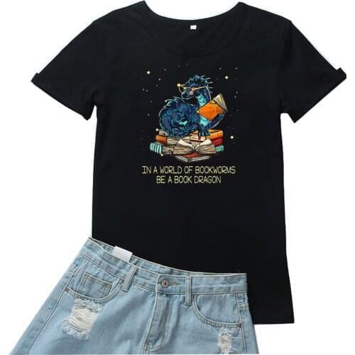 In A World of Bookworms Be A Book Dragon Women T-shirt Aesthetic Dragon Printing Women T Shirt Chinese Style Women Tees Tops