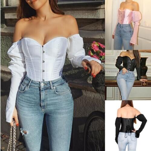 Womens Sexy Long Sleeve Off Shoulder T-shirt Backless Bandage Corset Crop Casual T-Shirt Beach Party Holiday Tee Tops