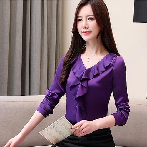 Fashion Silk Shirt Female Long Sleeve 2019 Spring Summer New V-neck Ruffled Slim Womens Clothing Shirt Air-conditioning Shirts