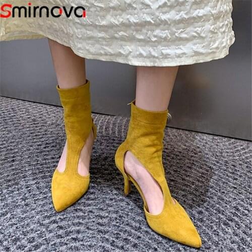 Smeeroon New Arrive Flock Ankle Boots Women Thin High Heels Summer Boots Pointed Toe Zip Sexy Fashion Gladiator Shoes Woman
