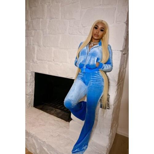 New Gold Velvet Two-Piece Womens Solid Color Long-Sleeved Zipper Top + Trousers With Pockets Fashion Casual Suit Spring 2021