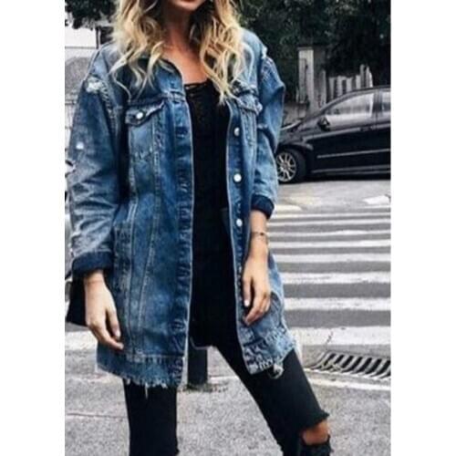 2021 New Fashion Women European and Beautiful Women Mid-length Ripped Denim Trench Coat with Long Holes Fall Solid Color Coat