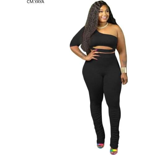 CM.YAYA Women Plus Size XL-4XL One Shoulder Crop Tops Stacked Flare Jogger Pants Suit Two Piece Set Sport Tracksuit Outfits