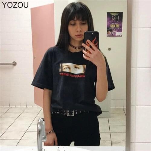 Women Summer Top Short Sleeve T-Shirts Graphic Tee Cotton O-Neck Print Eyes Disappointment Oversize Large Size Black White
