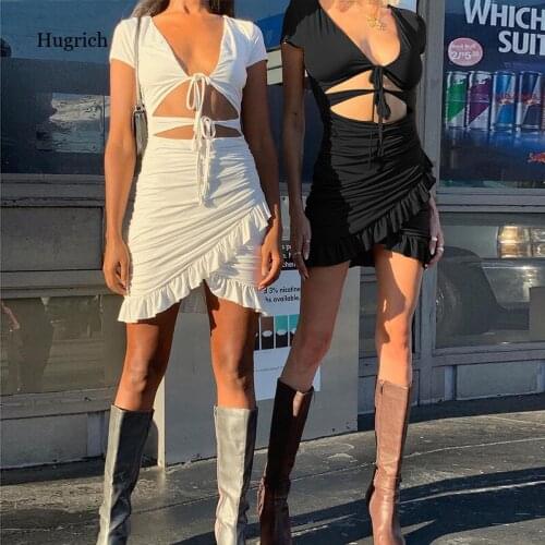 Lace Up V Neck Ruched Bodycon Mini Dress Women 2020 Summer Hollow Out Ruffles Sundress Beachwear Vestidos