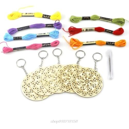 5pcs Round Wooden Cross Stitch Embroidery Keychain Ring with Wool Thread DIY Craft Kit O27 20 Dropshipping