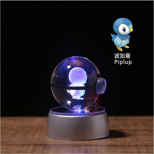Pokemon Ball Monster Model Crystal 3d Laser Engraving Anime Figure Piplup Design with Led Light Kids Gifts