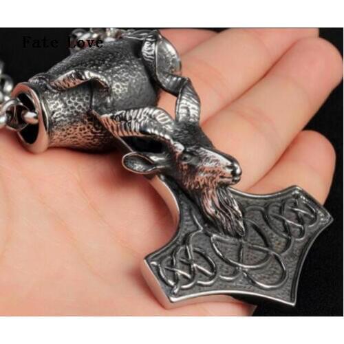 Fate Love Gothic Large Heavy Biker Stainless Steel Men Biker sheep Thors Hammer Mjolnir Necklace pendant 4mm 28'' Rolo Chain