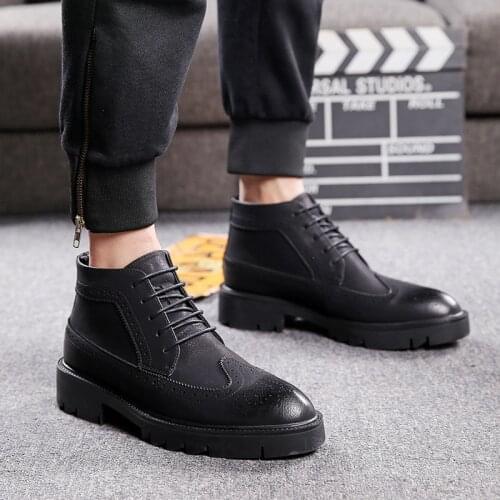 High quality mens boots casual business formal dress shoes carved brogue platform boot gentleman original leather bullock botas