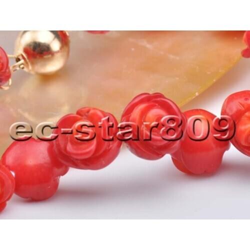 S2184 handmade 8" 10mm Red Coral Carve Rose Bracelet