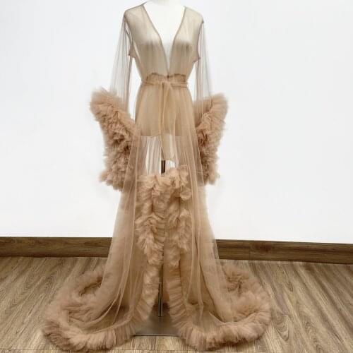 DON&JUDY Fashion Ruffles Tulle Robes Women Maternity Dress Photo Shoot Puffy Sleeves Robe Party Wedding Photography Prom Dresses