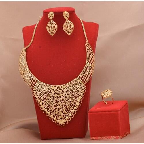 Dubai Jewelry sets 24K gold plated luxury African wedding gifts bridal bracelet necklace earrings ring jewellery set for women