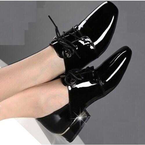 EAGSITY Patent leather square heel women dress shoes basic pointed toe lace up office lady pumps thin heel wedges slingback