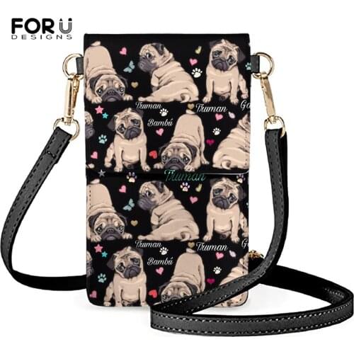 FORUDESIGNS Black Lovely Pug Style Phone Bag Transparent Mini For Ladies Fashion Pu Leather Cross Shoulder Bag Card Holders Girl