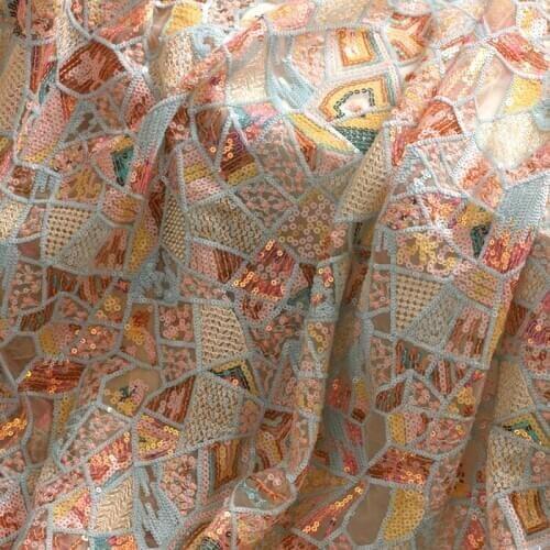 Heavy Industry Colorful Sequins Embroidery mesh Lace Fabric Cheongsam Skirt Dress Clothing Fabric Accessories Width 130cm 1Yard