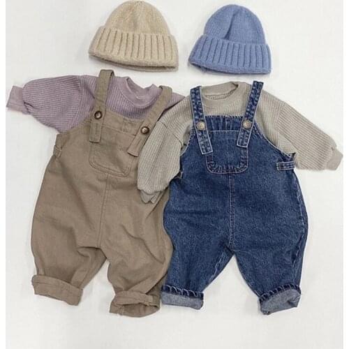 Childrens Korean version of the new jumpsuit men and women baby simple retro straight denim fisherman casual overalls