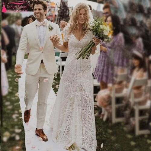 Mermaid Unique Lace Wedding Dresses V-Neck Backless Spring Summer Elegant Bridal Gowns boho noivas ZW377