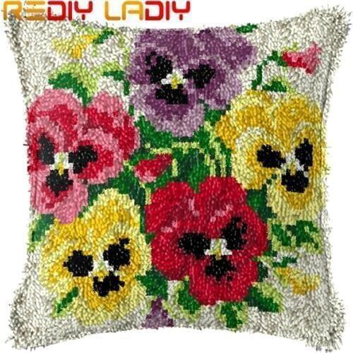 Latch Hook Cushion Pansy Flowers Pre-Printed Canvas Cushion Cover Acrylic Yarn Crochet Pillow Case Set Hobby & Crafts Home Decor
