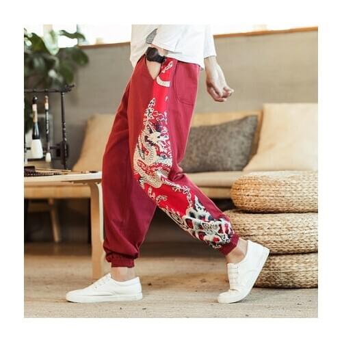 Men Harajuku Pants Japanese Style Samurai Costume Dragon Ukiyo-e Fashion Vintage Haori Trousers Streetwear Wide Leg Harem Pant