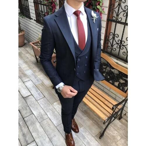New Style Men Suits Navy Blue Groom Tuxedos Notch Lapel Groomsmen Wedding Best Man 3 Pieces ( Jacket+Pants+Vest+Tie ) C911