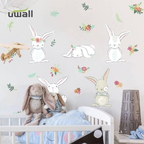 Nordic Cute Rabbits Wall Stickers For Kids Room Wall Decoration Baby Room Cabinet Self-adhesive Sticker Home Decor Bedroom Decor