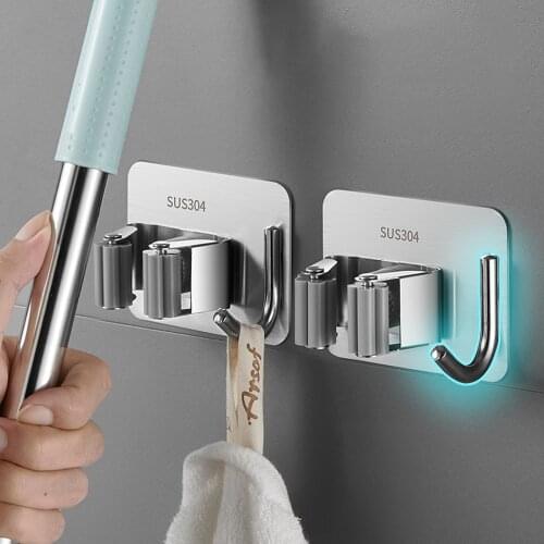 Wall Mounted Mop Organizer Broom Holder 304 Stainless steel Mop Holder Brush Broom Hanger with Hook Kitchen Bathroom Organizer