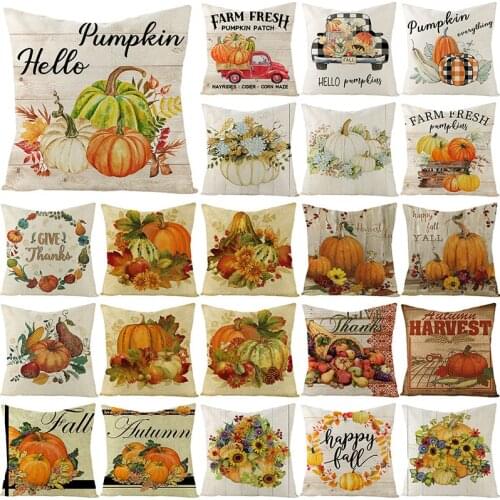 Thanksgiving Cotton Linen Cushion Cover 45X45 Fall Pumpkin Decorative Throw Pillows Maple leaf Print Pillowcase Sofa Cushions