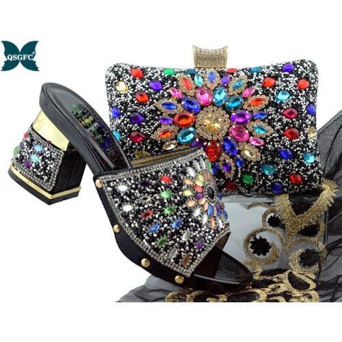 Newest African Women Matching Italian Design Black Color Shoe and Bag Set for Wedding Italian Shoes with Matching Bag For Party
