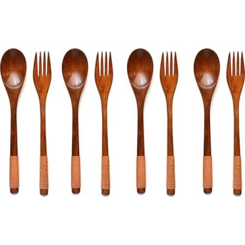 New 8 Pcs Wooden 9 inchJapanese Spoon Fork Set Kitchen Tableware Natural Wood Cutlery Wooden Dinner Cutlery Set