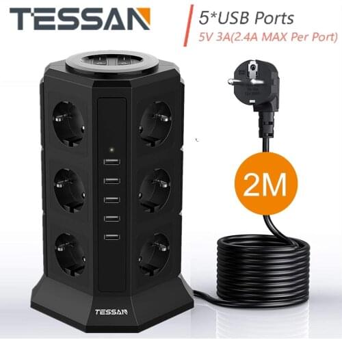 TESSAN Smart Power Board EU Plug 5 USB and 12 Outlets Extension 2.0M Cable Tower Charger Multi-Port Desktop Outlets Smart Home