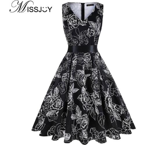 MISSJOY 3XL plus size dresses black 2018 Summer Women vintage 1950s 60s flower print sleeveless elegant knee-length Party Dress