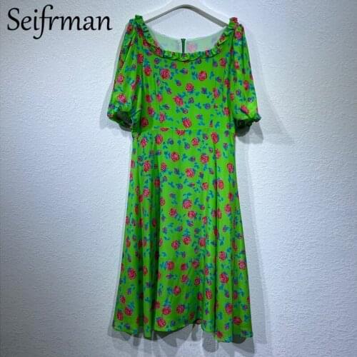 Seifrmann New 2021 Summer Women Fashion Designer Midi Dress Lantern Sleeve Ruffles Floral Print High Waist Ladies A-Line Dresses