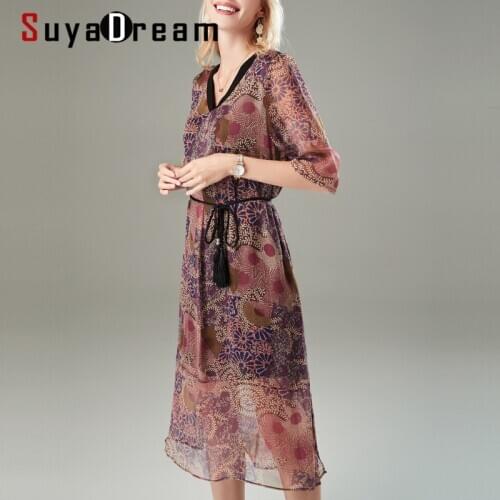 SuyaDream Woman Printed Sash Midi Dress 100%Silk Georgette V neck Belted Dresses 2020 Summer Elegant Silk Cloth Vestidos